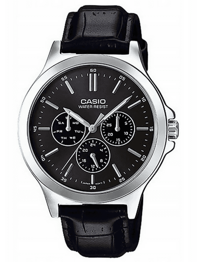 Orologio Casio da uomo, MTP-V300L-1A, cinturino in pelle nero con quadrante nero, cronografo movimento al quarzo