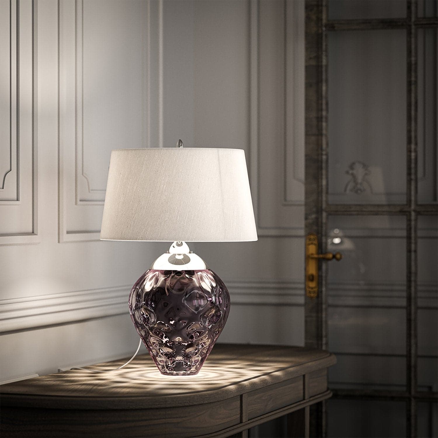 Lampada Da Scrivania Contemporanea Samara Acciaio Nichel Vetro Prugna 1 Luce E27 in Lampade da tavolo e abat-jour LuceArt - Montecorvino Pugliano, commercioVirtuoso.it