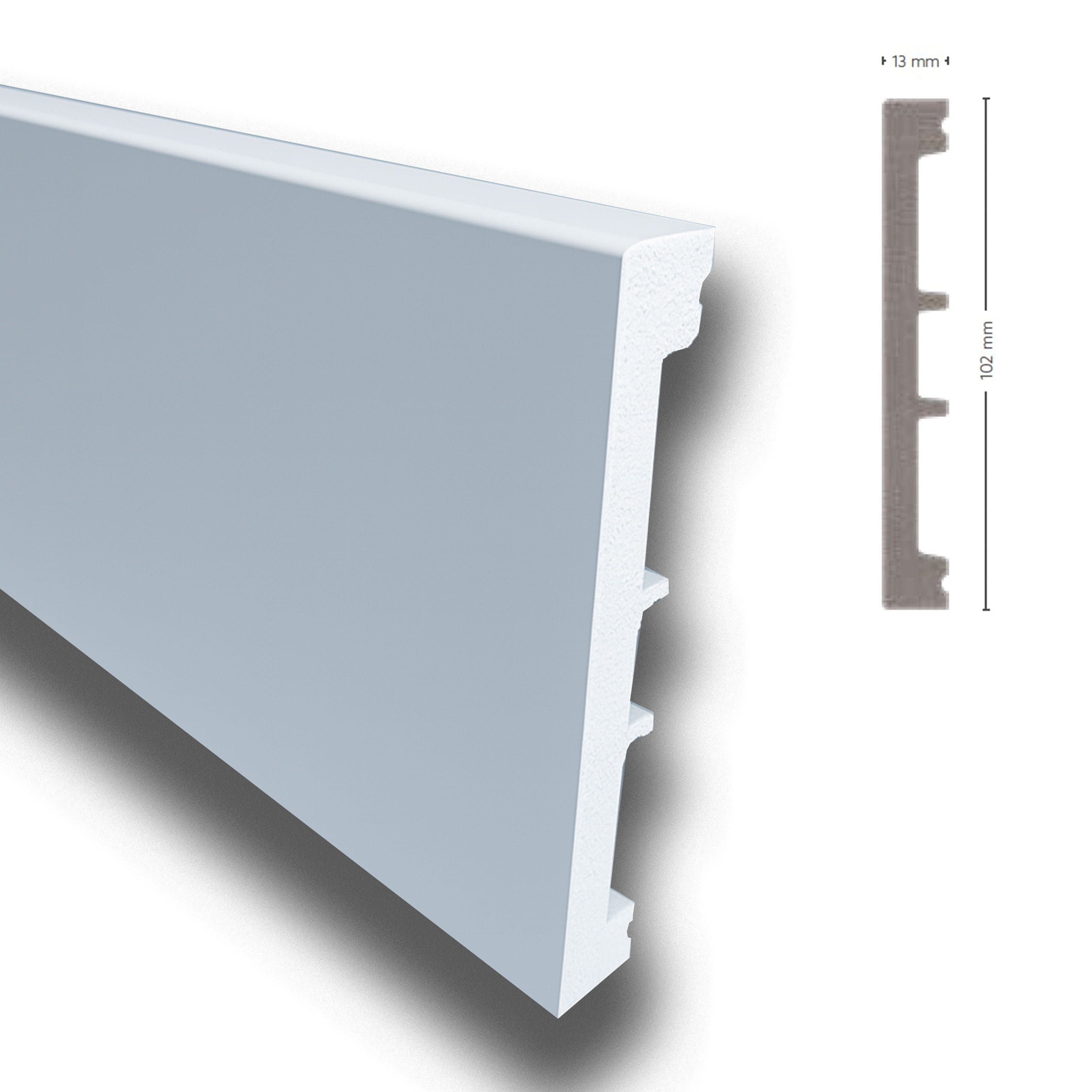 *STOCK FOLLI* pacco da 12 metri Profilo mostrina - battiscopa - boiserie in Polimeri Bianco RAL 9016 verniciabile 102X13mm in Battiscopa Eternal Parquet - Ariano Irpino, commercioVirtuoso.it