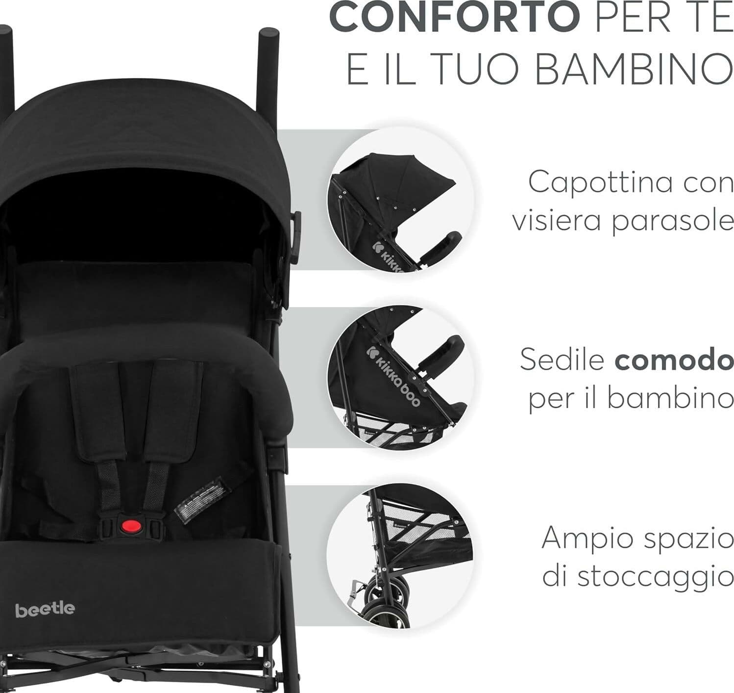 KIKKABOO Passeggino BEETLE - Passeggino da viaggio omologato fino a 22 kg - Pieghevole, Leggero, Compatto, colore NERO - telaio in alluminio, Chiusura Compatta, Schienale Reclinabile e Regolabile, Poggiagambe in Passeggini compatti Sanitaria Gioia del Bimbo - Villa San Giovanni, commercioVirtuoso.it