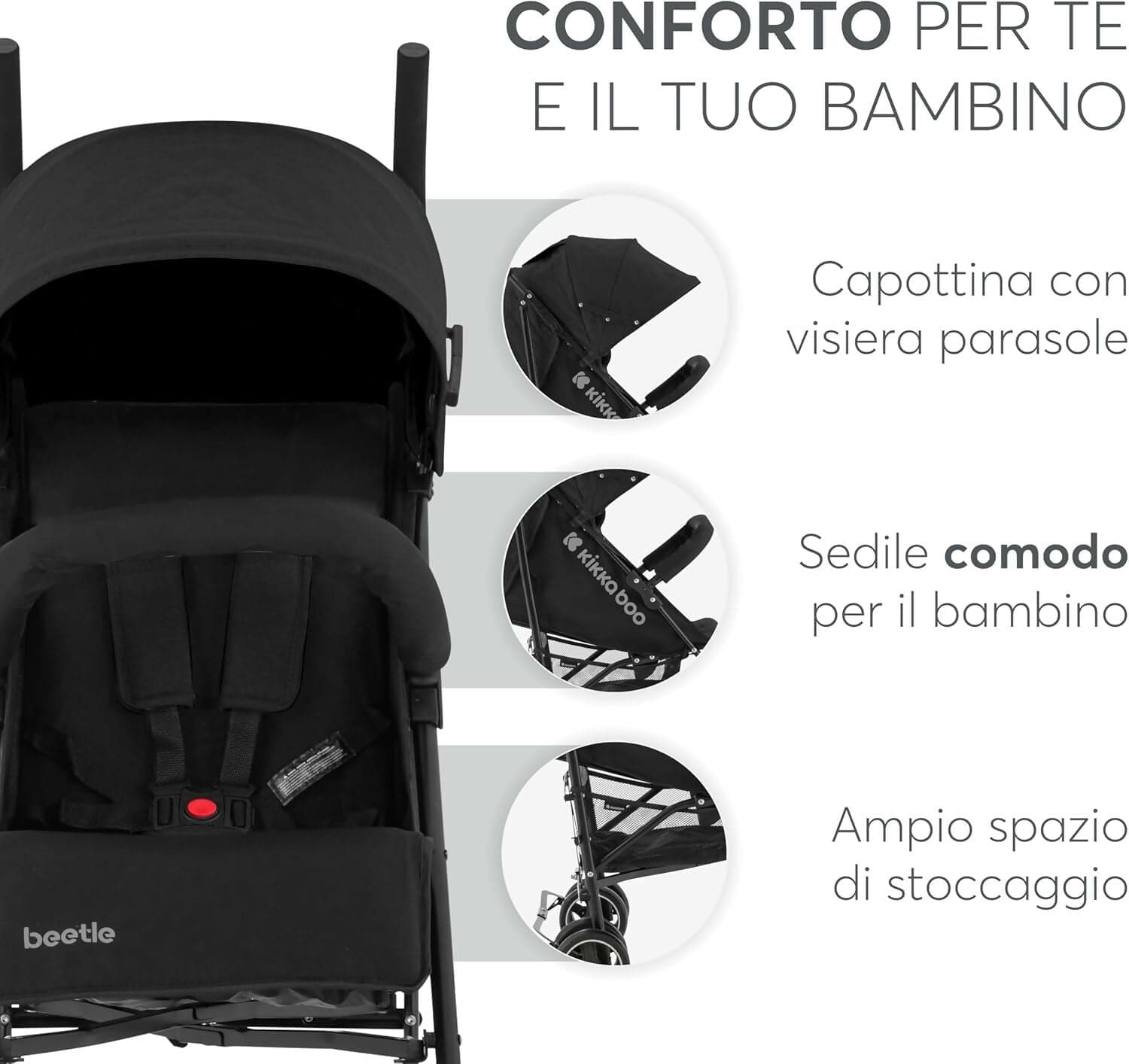 KIKKABOO Passeggino BEETLE - Passeggino da viaggio omologato fino a 22 kg - Pieghevole, Leggero, Compatto, colore NERO - telaio in alluminio, Chiusura Compatta, Schienale Reclinabile e Regolabile, Poggiagambe in Passeggini compatti Sanitaria Gioia del Bimbo - Villa San Giovanni, commercioVirtuoso.it