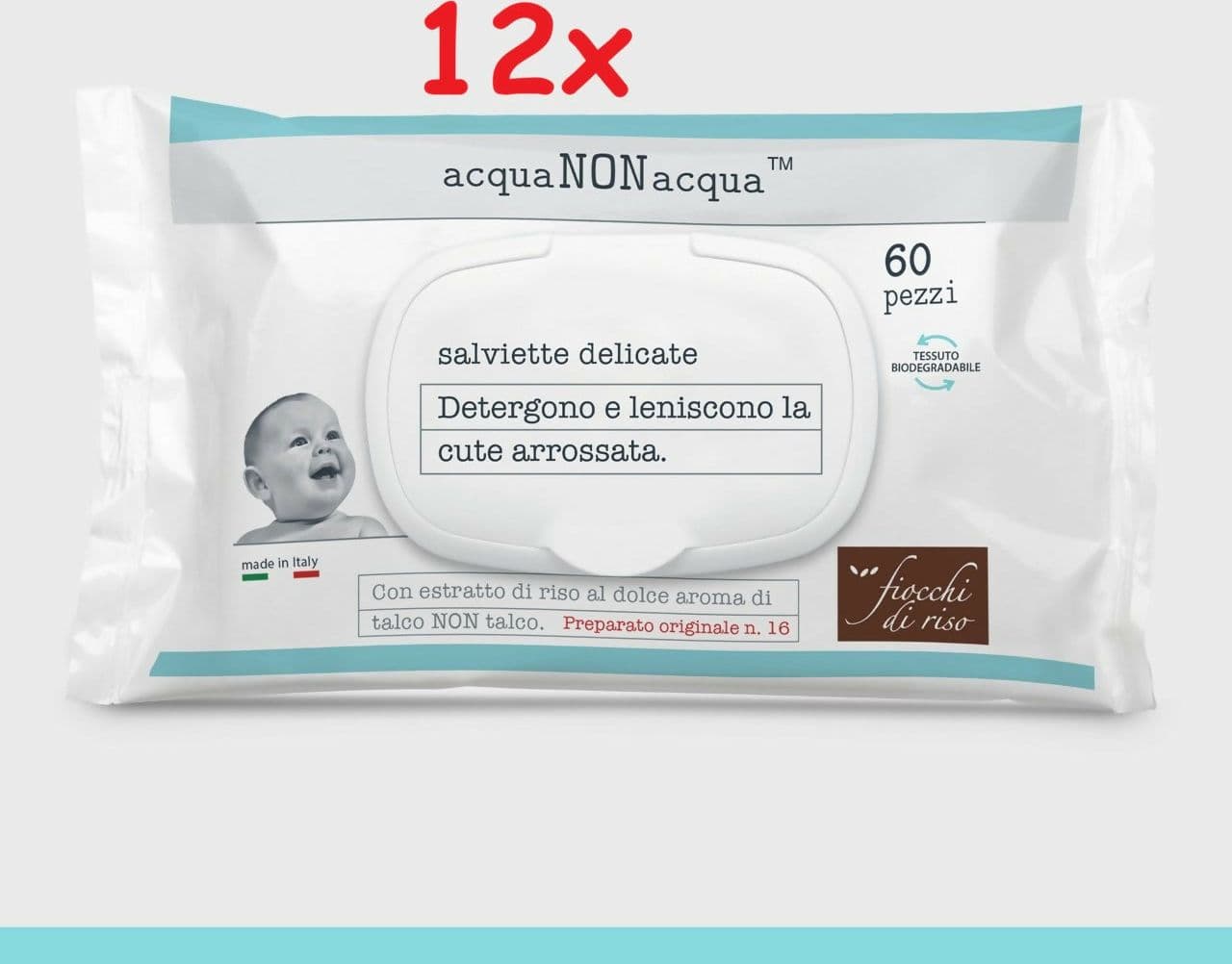 FIOCCHI DI RISO Acqua NON Acqua™ Salviettine Delicate Detergenti - con estratto di riso al dolce aroma di talco NON talco - 12 pacchi da 60 salviettine - 720 salviettine in Salviette detergenti Sanitaria Gioia del Bimbo - Villa San Giovanni, commercioVirtuoso.it