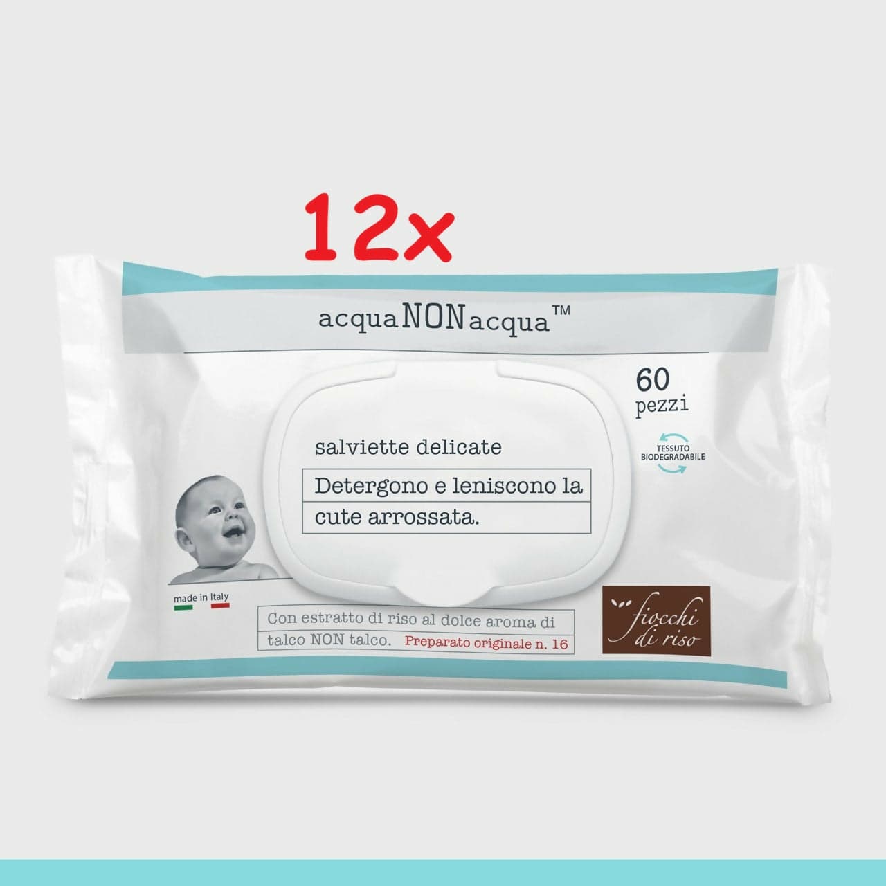 FIOCCHI DI RISO Acqua NON Acqua™ Salviettine Delicate Detergenti - con estratto di riso al dolce aroma di talco NON talco - 12 pacchi da 60 salviettine - 720 salviettine in Salviette detergenti Sanitaria Gioia del Bimbo - Villa San Giovanni, commercioVirtuoso.it