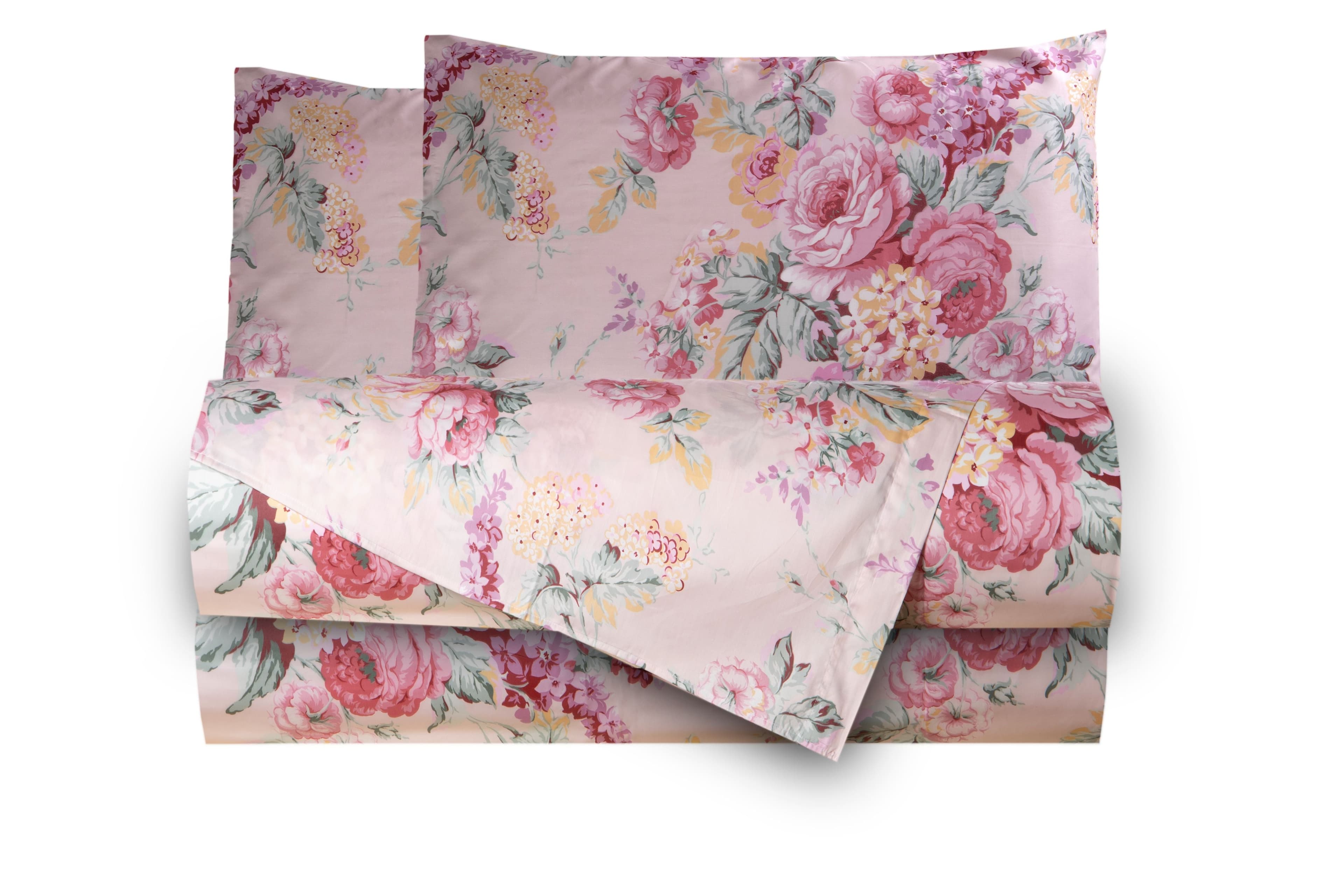 Completo letto lenzuola stampato stampa fantasia in raso di puro di cotone made in Italy MATRIMONIALE PRIMAVERA ROSA