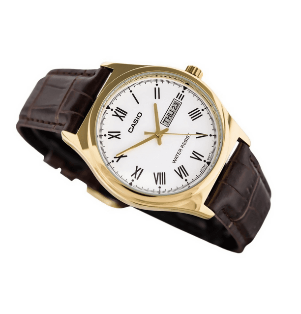 Orologio Casio da uomo, MTP-V006GL-7B, cinturino in pelle marrone, quadrante bianco con segna data e giorno della settimana in Orologi da polso Loweconomy - Marineo, commercioVirtuoso.it