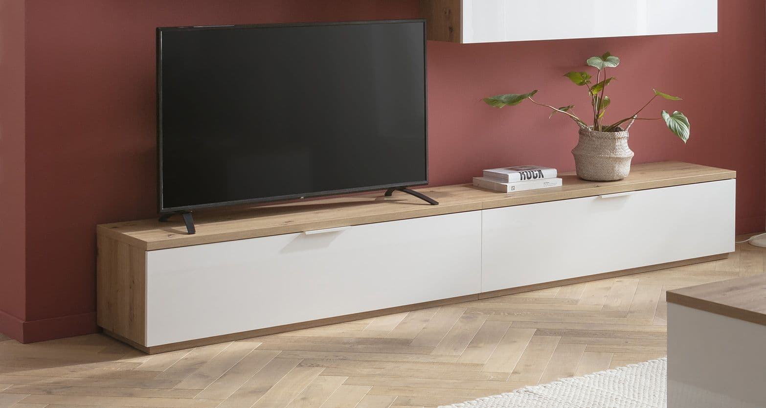 Parete attrezzata per soggiorno porta TV con ripiani ed ante Rovere e Bianco 270 cm in Pareti attrezzate Decor Space - Altamura, commercioVirtuoso.it
