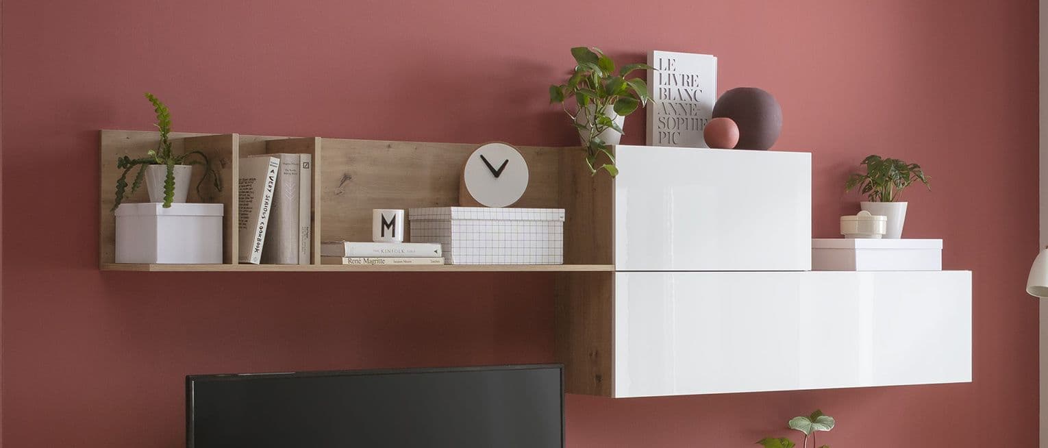 Parete attrezzata per soggiorno porta TV con ripiani ed ante Rovere e Bianco 270 cm in Pareti attrezzate Decor Space - Altamura, commercioVirtuoso.it