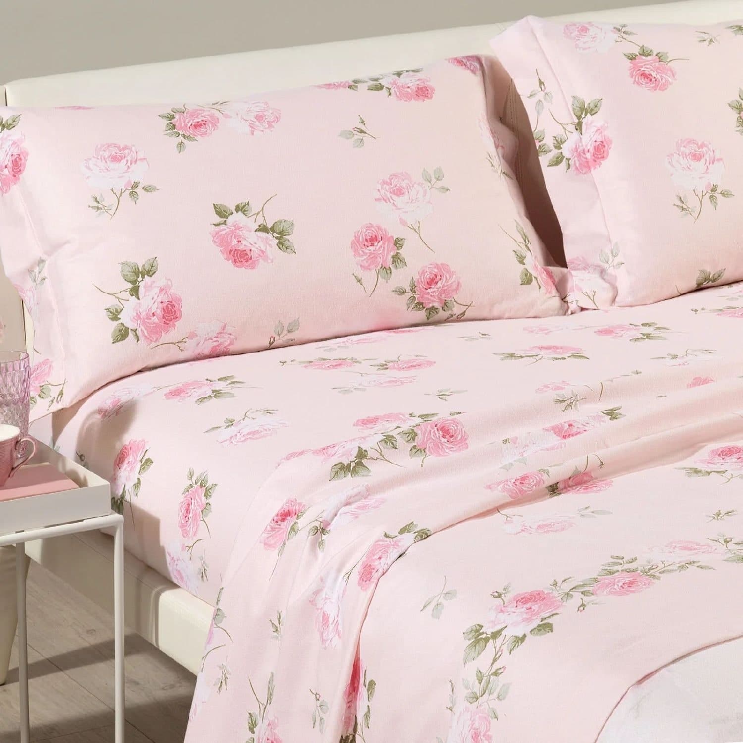 Completo lenzuola in flanella matrimoniale Caleffi art.Flory colore rosa in Set di lenzuola e federe Biancheria Arredo Home - Nola, commercioVirtuoso.it