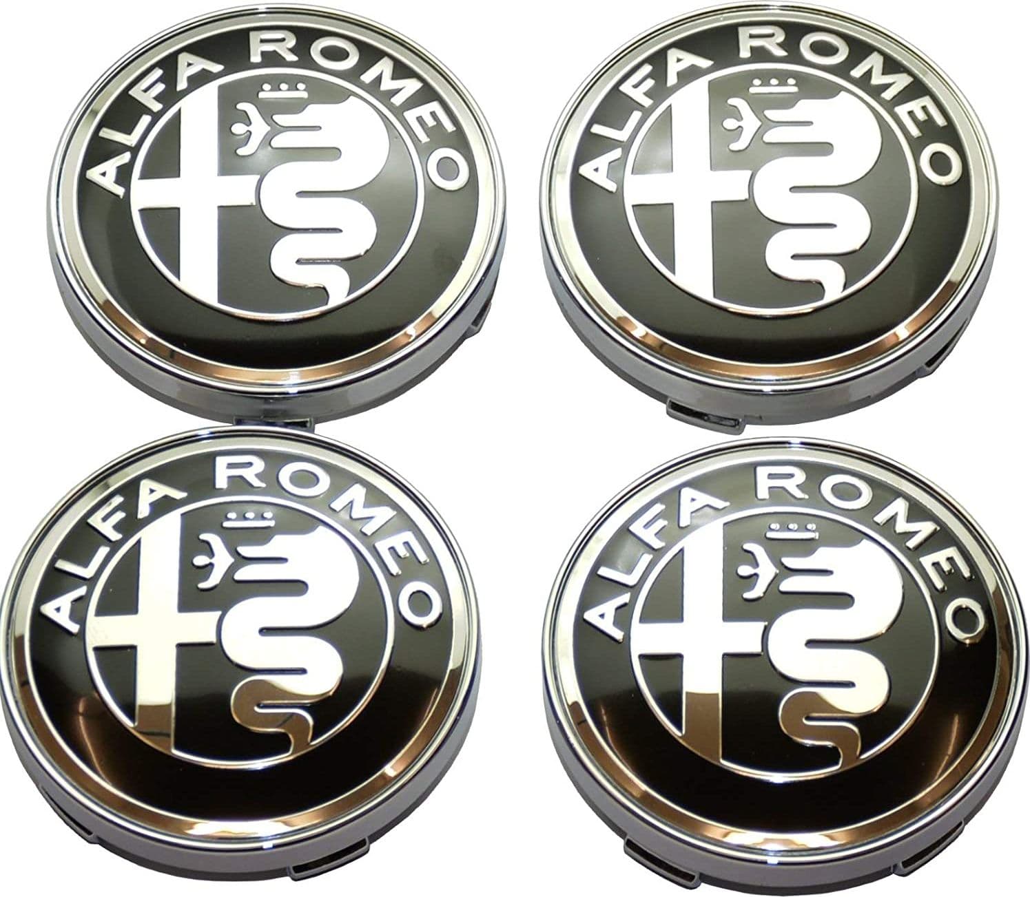 4 Tappi mozzo ALFA ROMEO Cerchi in Lega Coprimozzo da 60mm Borchie NERO BORDO CROMATO