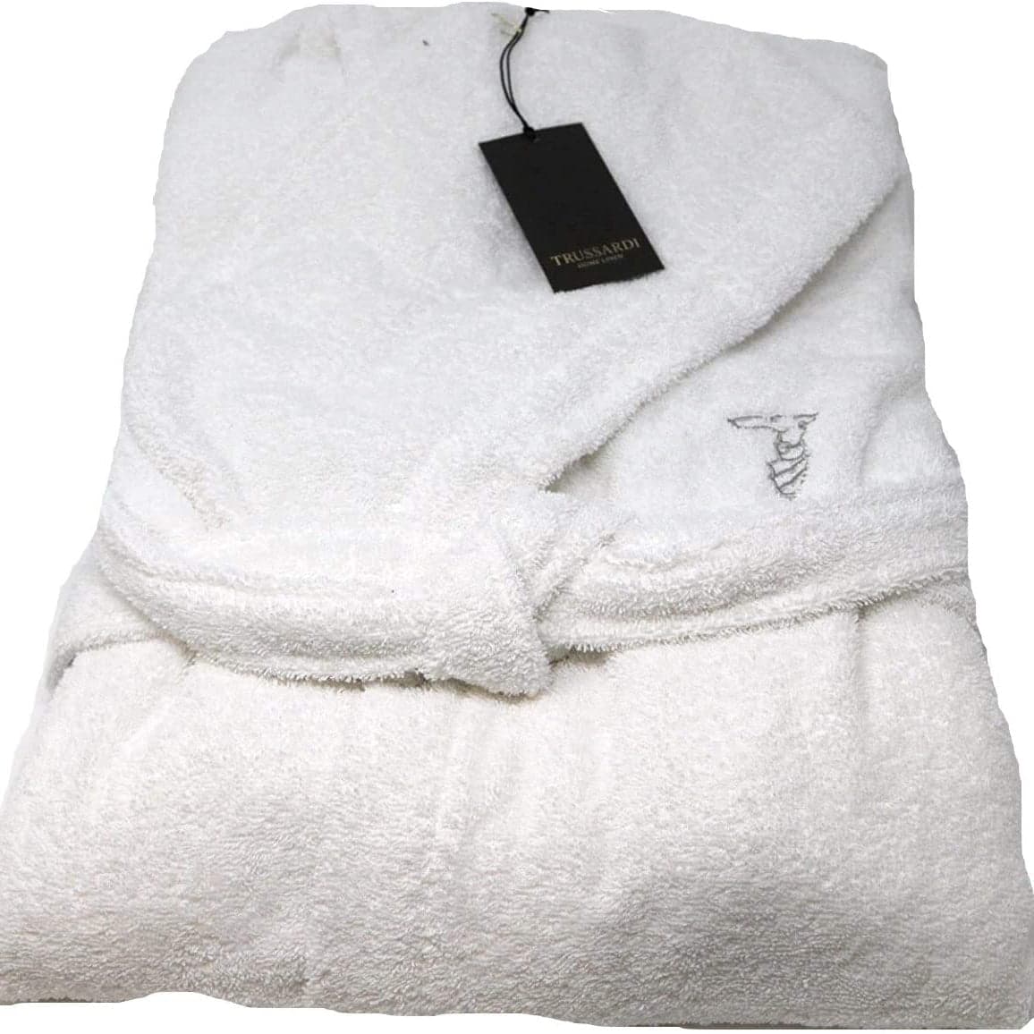 Accappatoio Ribbon Trussardi taglia XXL bianco, in spugna di cotone, con cappuccio, tasche e cintura, design elegante e sobrio, Made in Italy.
