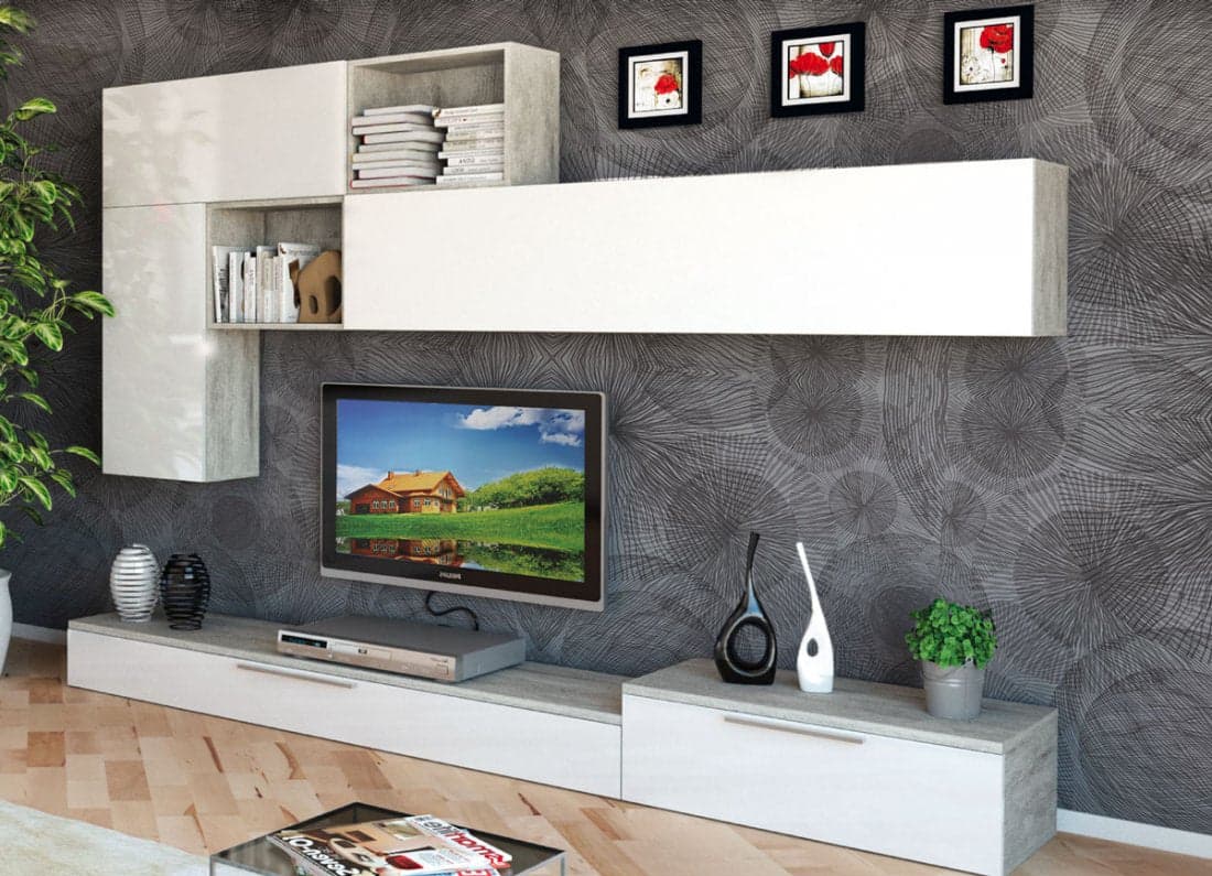 Parete attrezzata per soggiorno porta TV con ripiani ed ante Bianco e Cemento 270 cm in Pareti attrezzate Decor Space - Altamura, commercioVirtuoso.it