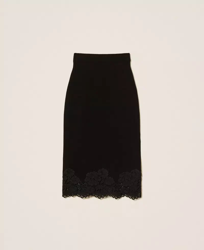 Twinset gonna longuette donna in maglia nera con pizzo ricamato e spacco laterale fronte