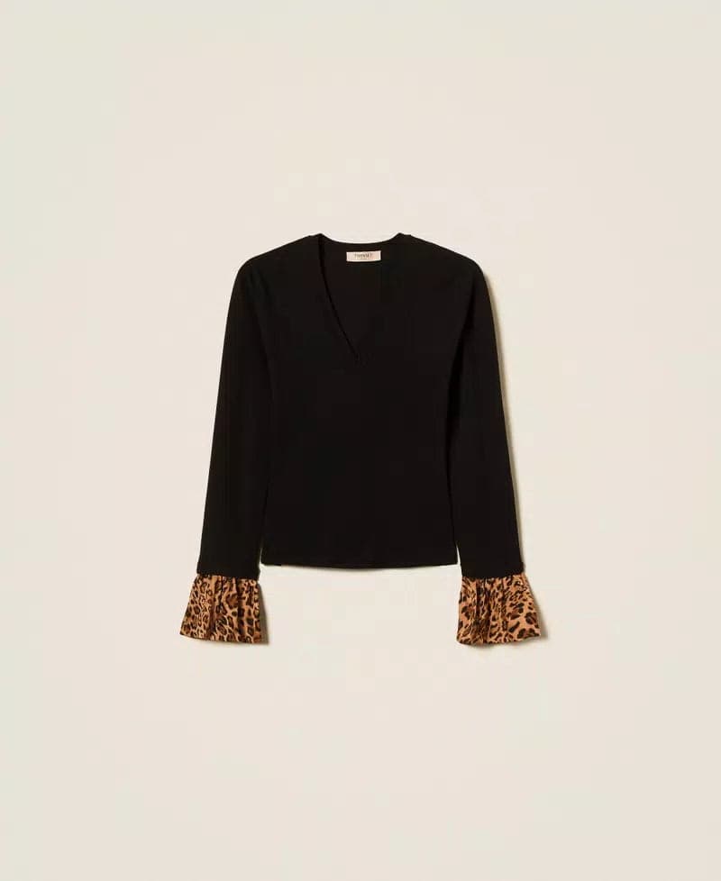 Twinset Maglia Donna con Inserti Animalier Nero/Marrone – vista frontale