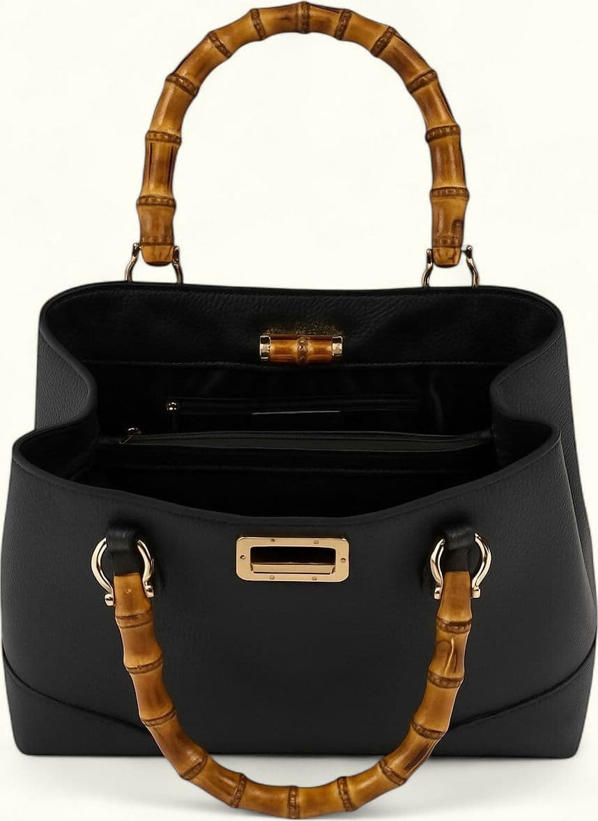 DOPPIASE Borsa artigianale Made in Italy in vera pelle martellata con manici in bamboo naturale 38x27x13cm in Borse a mano Nanabags - Sesto Fiorentino, commercioVirtuoso.it