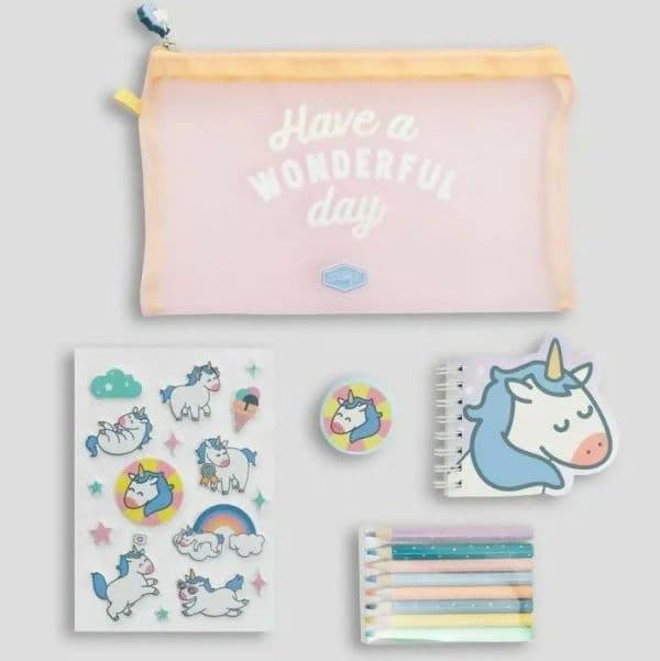 Astuccio per penne con set da scritttura ed accessori unicorno