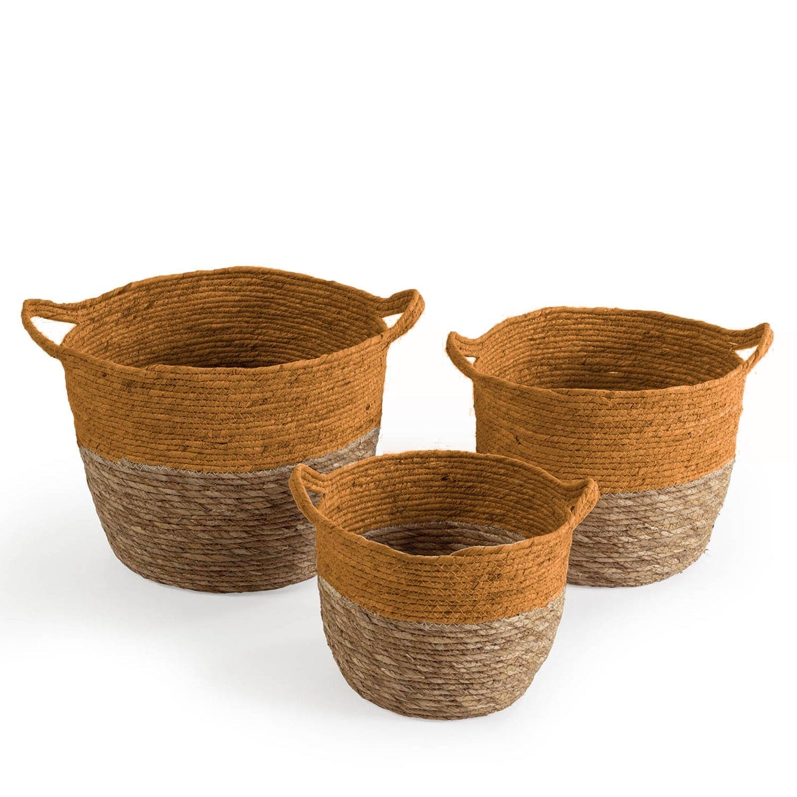 Set 3 cestini porta oggetti in fibra naturale vasi decorativi con manici - 11