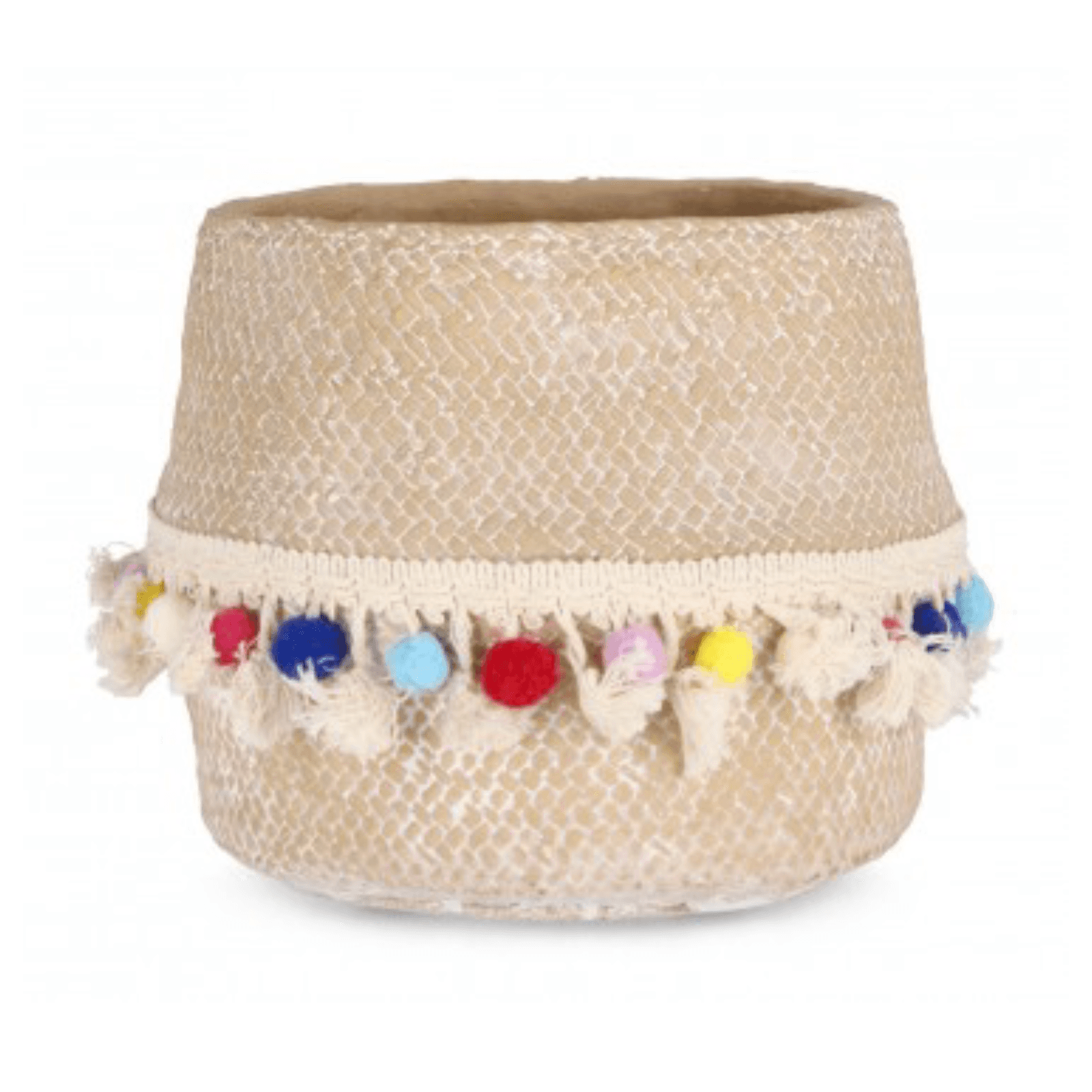 Vaso venezuela naturale tondo con pompon cemento con decorazioni in poliestere - 4