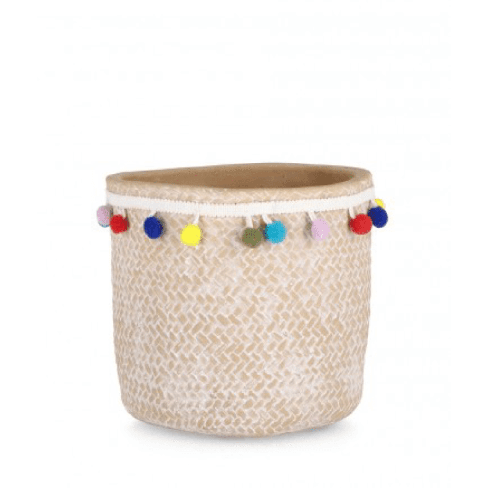 Vaso venezuela naturale tondo con pompon cemento con decorazioni in poliestere - 3