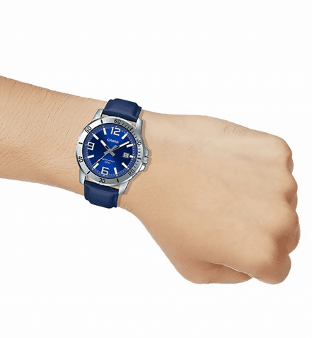 Orologio Casio per uomo, MTP-VD01L-2B , quadrante blu con segna data, cinturino in vera pelle blu scuro in Orologi da polso Loweconomy - Marineo, commercioVirtuoso.it