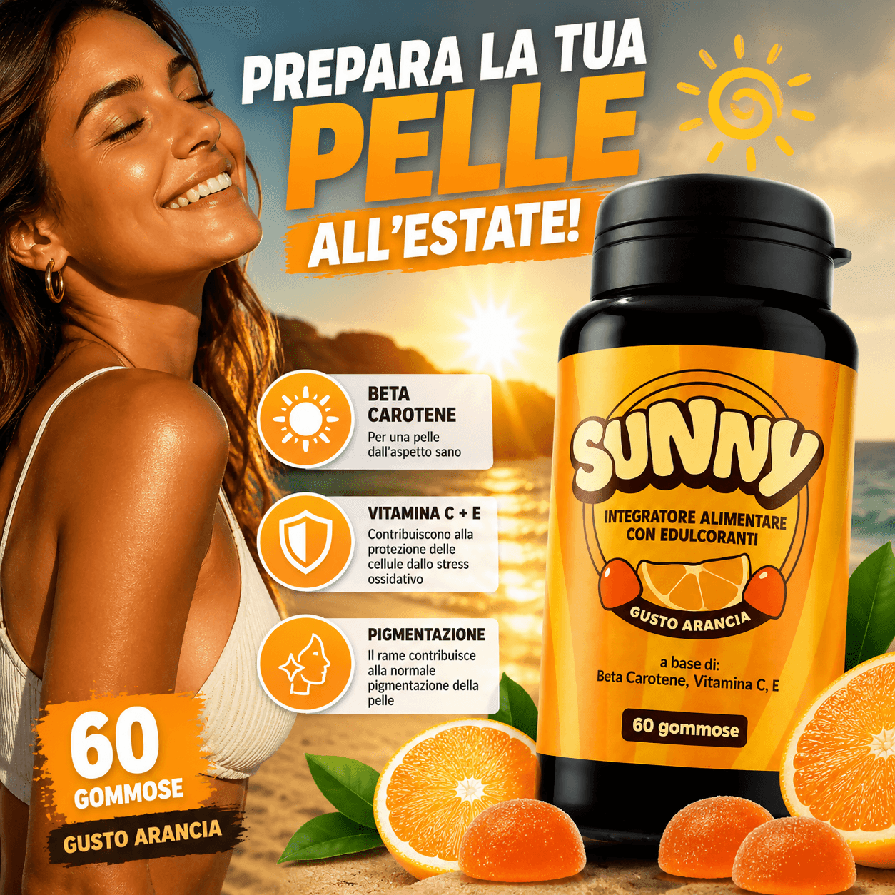 Integratore supporto Abbronzatura Naturale SUNNY | 60 Gommose al Beta-Carotene e Vitamine | Made in Italy in Beta carotene BasketGuru Italia - Palermo, commercioVirtuoso.it