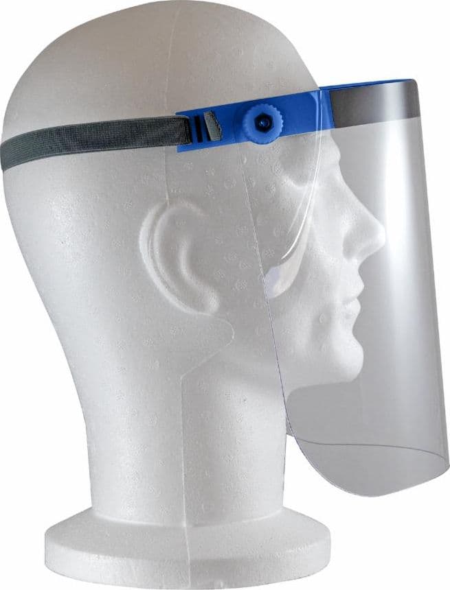 Visiera azzurra regolabile in policarbonato trasparente conforme alle norme protegge il volto riutilizzabile
