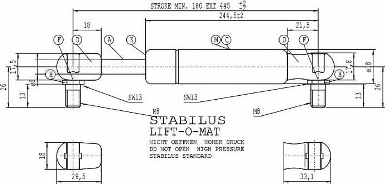 Molla a gas Stabilus estensione max 450mm 600 N adattabile al riferimento originale New Holland 5177277