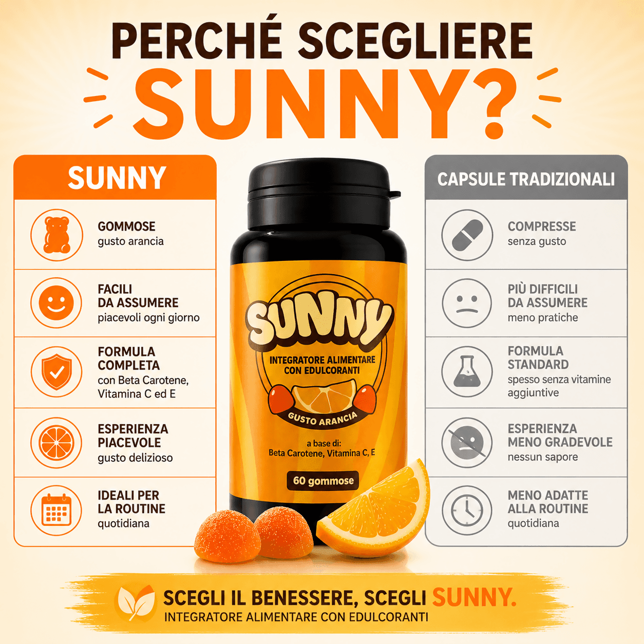 Integratore supporto Abbronzatura Naturale SUNNY | 60 Gommose al Beta-Carotene e Vitamine | Made in Italy in Beta carotene BasketGuru Italia - Palermo, commercioVirtuoso.it