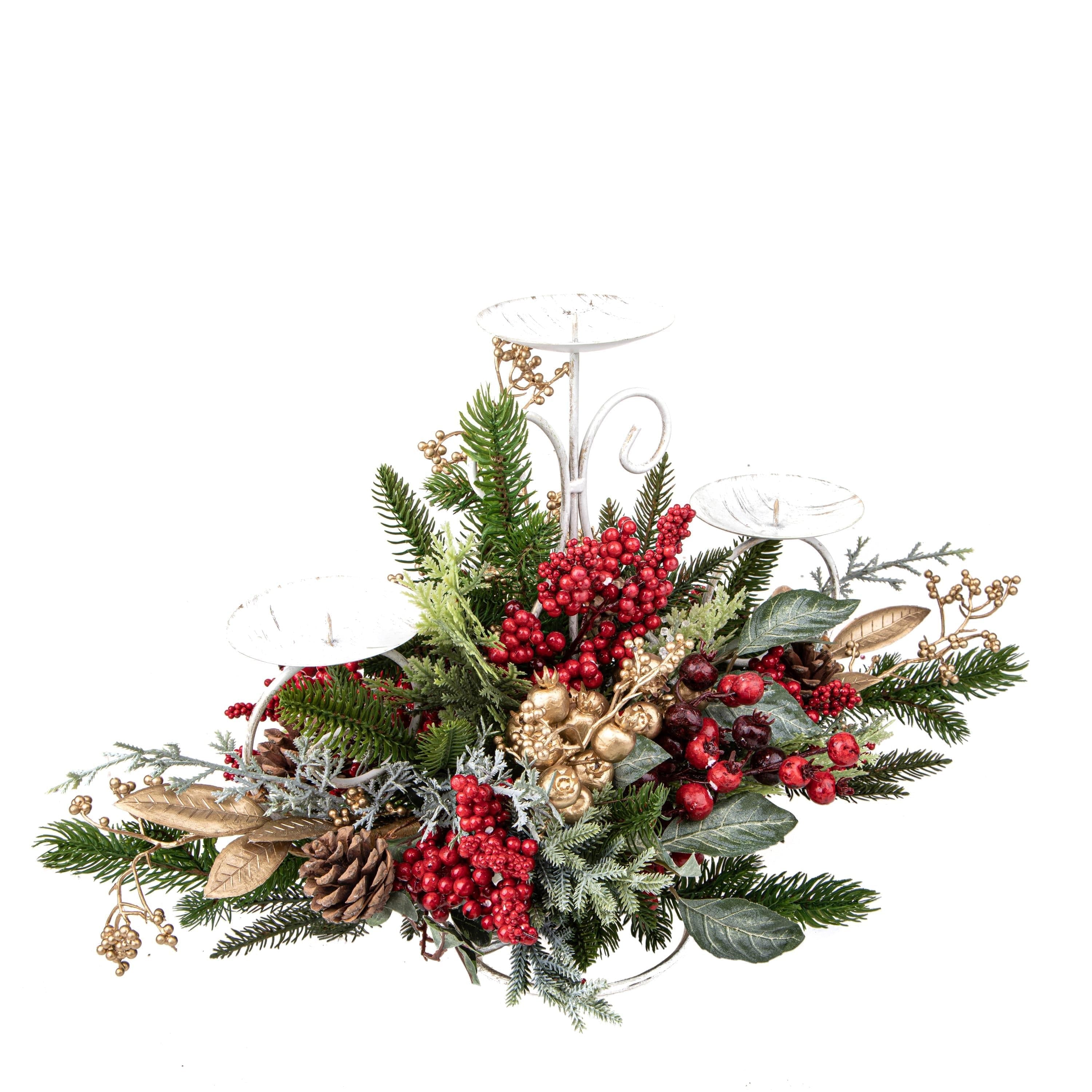Portacandela decorativo con bacche e pigne per decorazioni natalizie, per 3 candele - 3