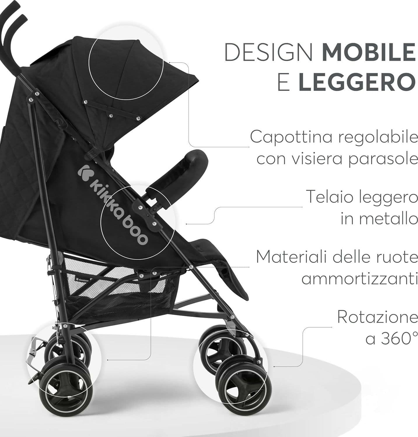 KIKKABOO Passeggino BEETLE - Passeggino da viaggio omologato fino a 22 kg - Pieghevole, Leggero, Compatto, colore NERO - telaio in alluminio, Chiusura Compatta, Schienale Reclinabile e Regolabile, Poggiagambe in Passeggini compatti Sanitaria Gioia del Bimbo - Villa San Giovanni, commercioVirtuoso.it