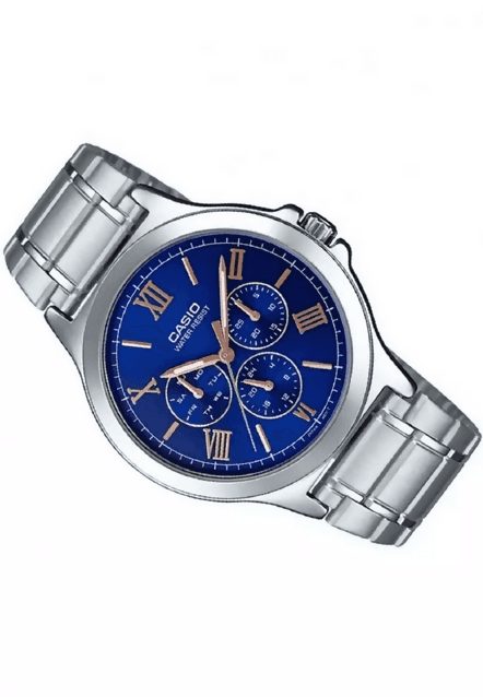 Orologio Casio uomo, MTP-V300D-2A, quadrante blu scuro movimento al quarzo, cronografo, cinturino argento in Orologi da polso Loweconomy - Marineo, commercioVirtuoso.it