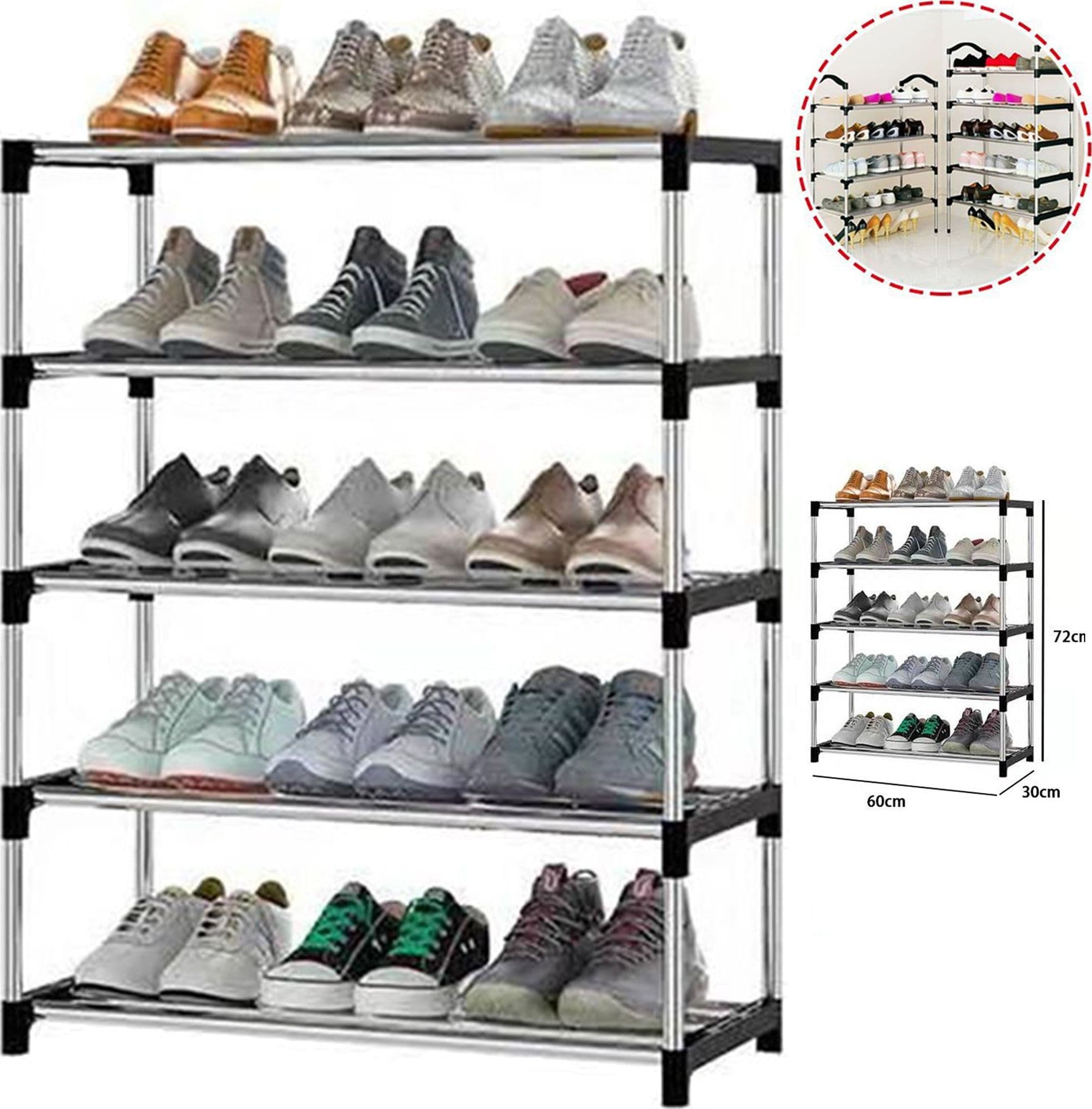 SCARPIERA SCAFFALE CASA MULTIUSO 5 RIPIANI IN METALLO SALVASPAZIO 60X30X72CM
