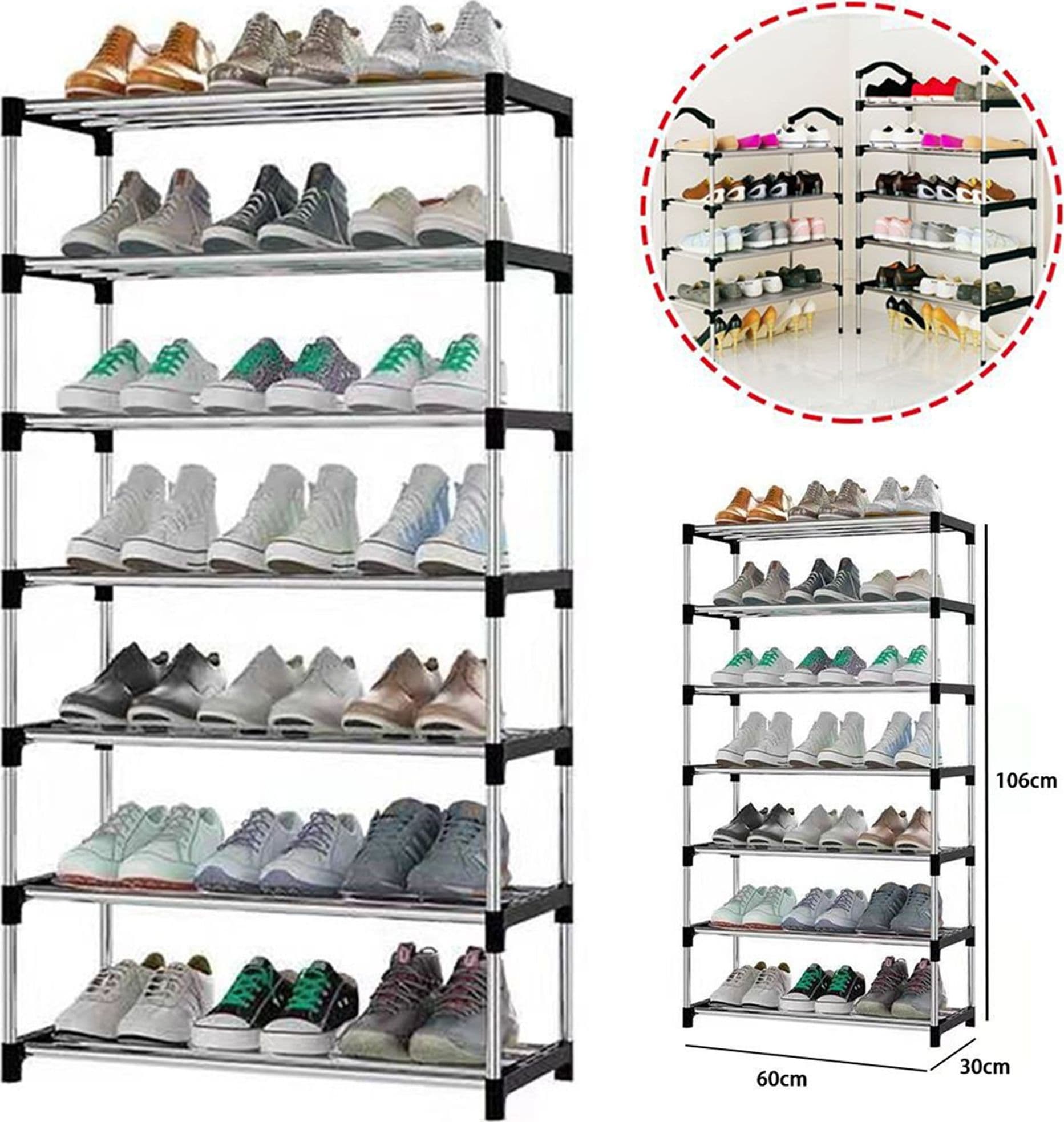 SCARPIERA SCAFFALE CASA MULTIUSO 7 RIPIANI IN METALLO SALVASPAZIO 60X30X106CM