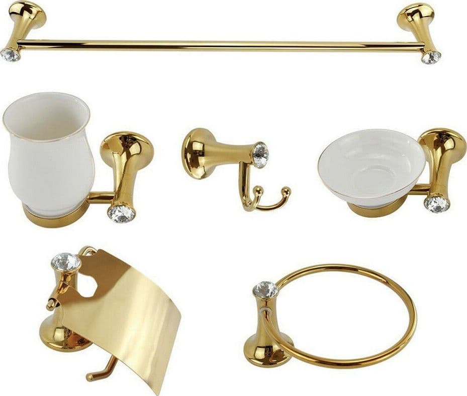 SET 6 PZ ACCESSORI BAGNO IN ORO E CERAMICA CON PUNTI LUCE CRISTALLI IN ACRILICO