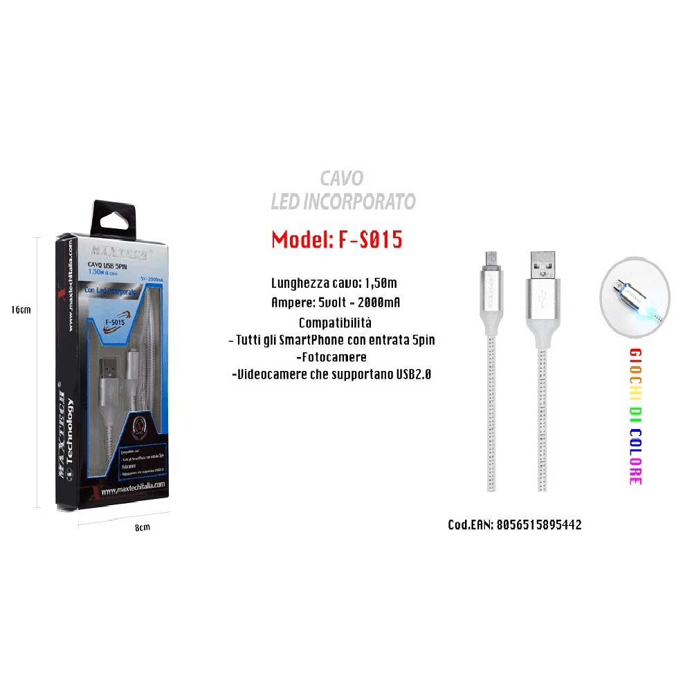 CAVO DI RICARICA USB LED INCORPORATO SMARTPHONE FOTOCAMERE 5V-2000MA 1,50MT MAXTECH F-S015