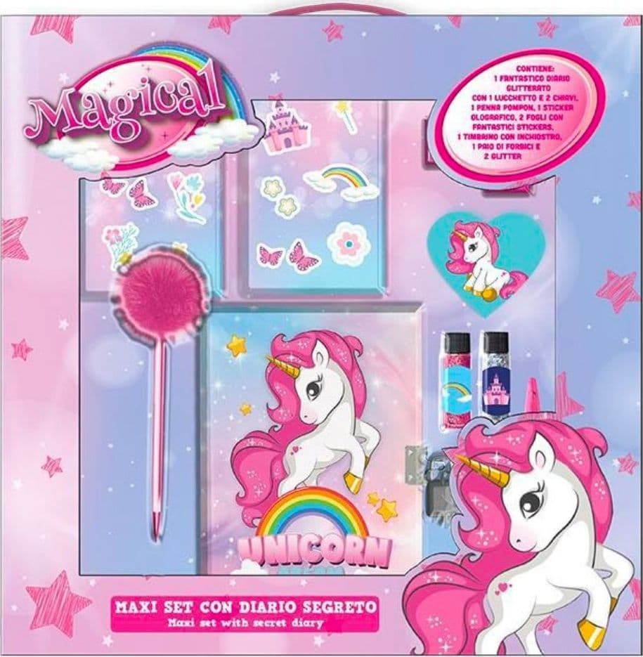 MAXI SET DIARIO SEGRETO GLITTERATO MAGICO UNICORNO ACCESSORI GIOCO PER BAMBINA