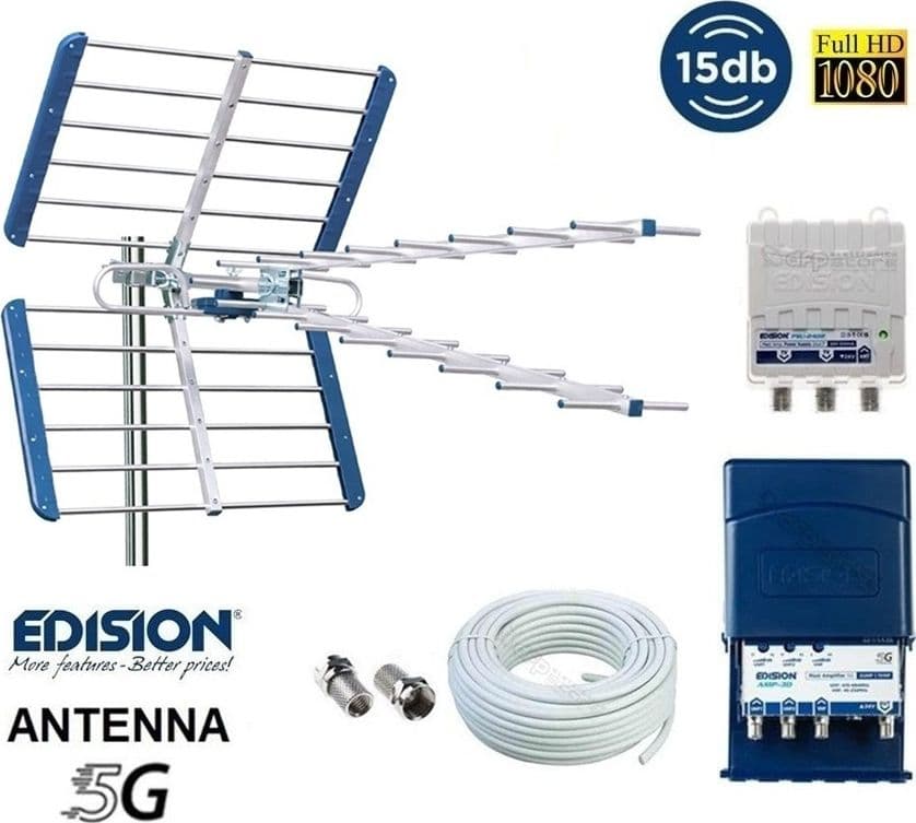 Kit Antenna TV Digitale Terrestre Completo CH 21-48 Filtro 5G LTE con Amplificatore da Palo doppio ingresso UHF da 32dB