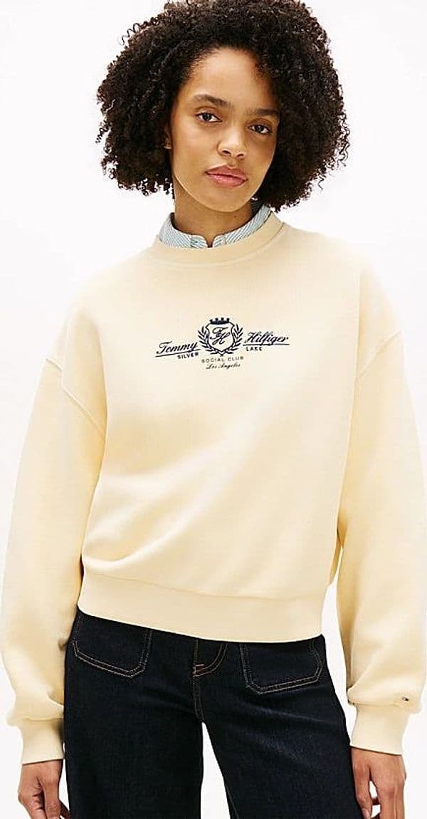 Felpa donna Tommy Hilfiger panna relaxed fit in cotone con stemma ricamato – WW0WW48733AEX