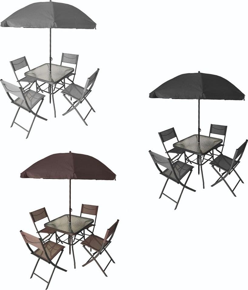SET GIARDINO SHARM TAVOLO CON RIPIANO VETRO 70X70CM 4 SEDIE PIEGHEVOLI OMBRELLONE PARASOLE