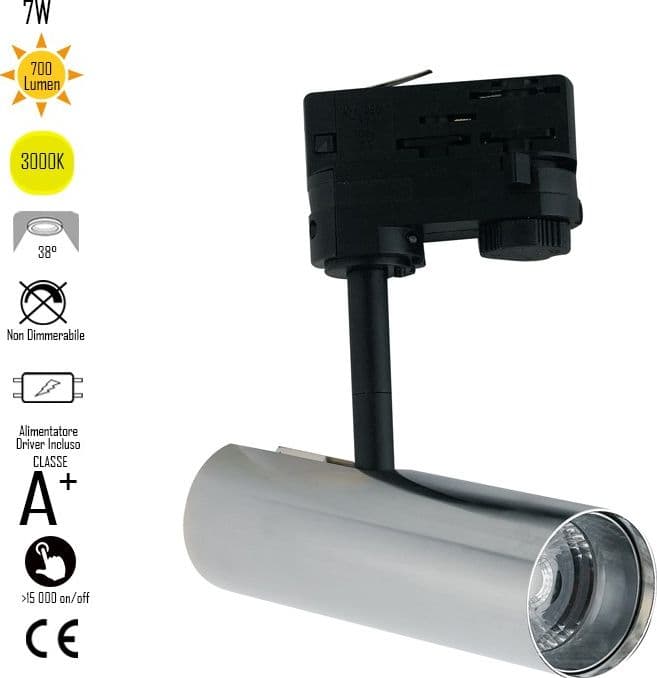 Faretto per binario orientabile a led in alluminio cromo A+ Luce calda 7 W