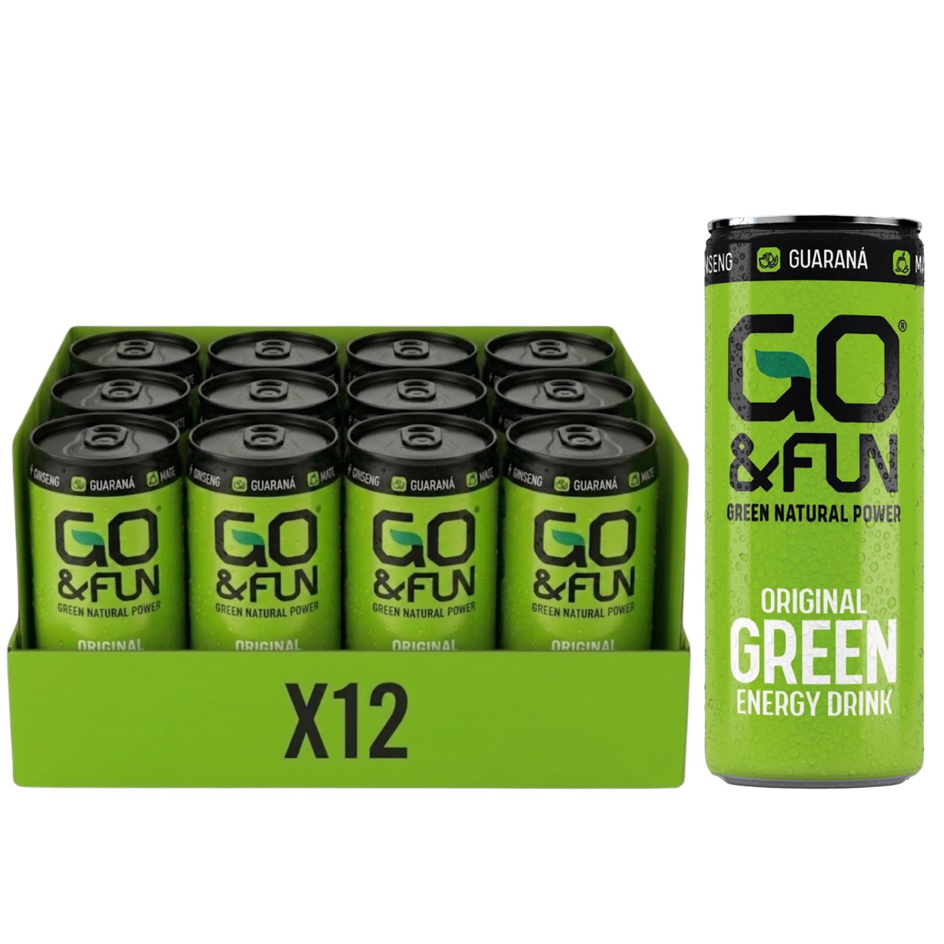 GO&FUN Green Energy Drink Original 12 Lattine 250 ml – Bevanda Energetica con Guaranà, Ginseng, Tè Verde e Maté