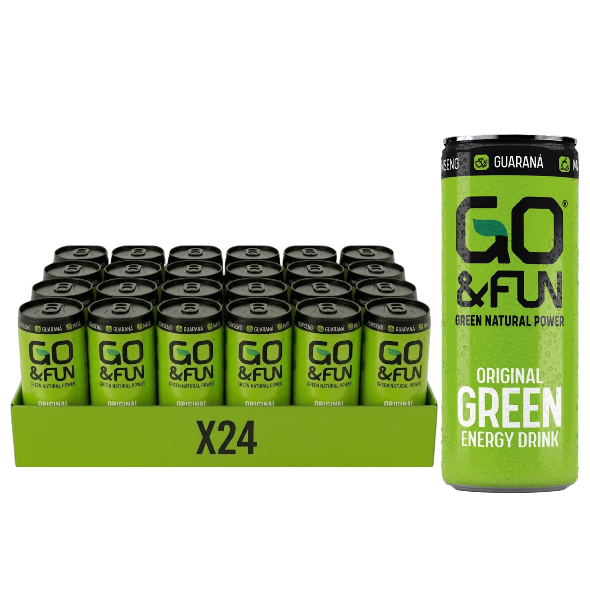 GO&FUN Green Energy Drink Original 24 Lattine 250 ml – Bevanda Energetica con Guaranà, Ginseng, Tè Verde e Maté
