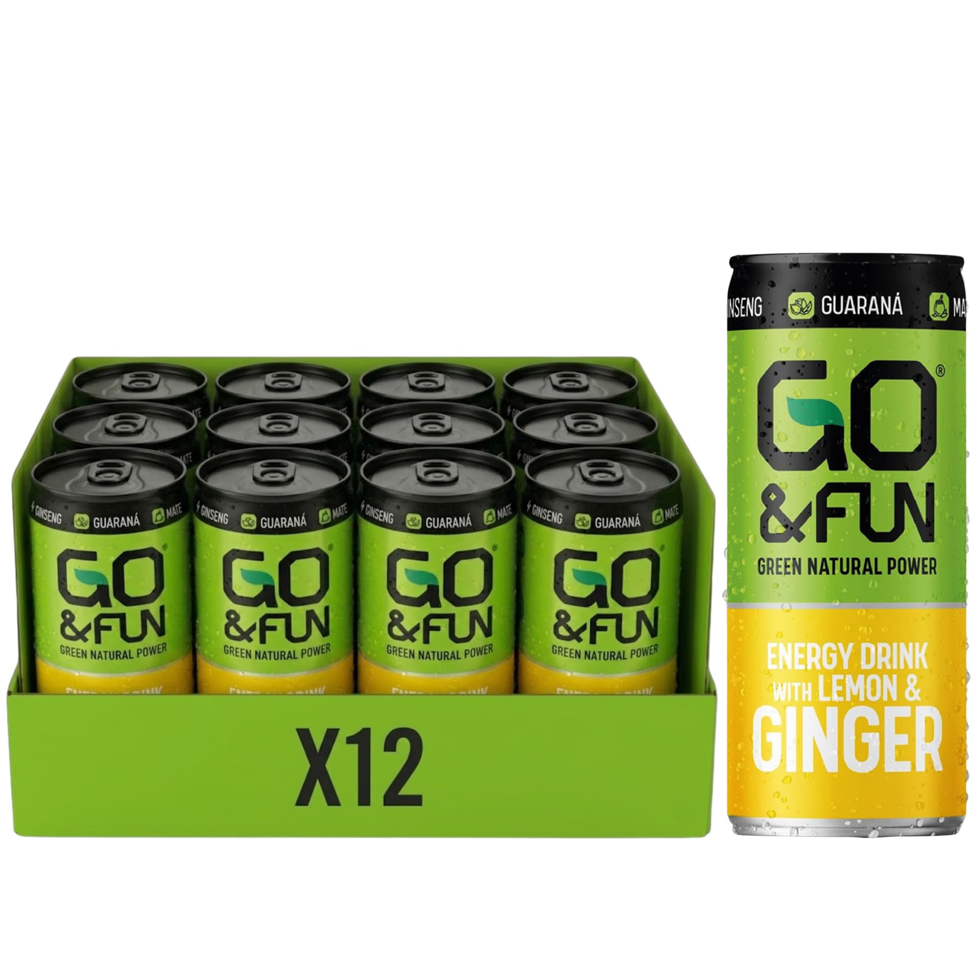 GO&FUN Green Energy Drink Limone e Zenzero 12 Lattine 250 ml – Bevanda Energetica con Guaranà, Ginseng, Tè Verde e Maté