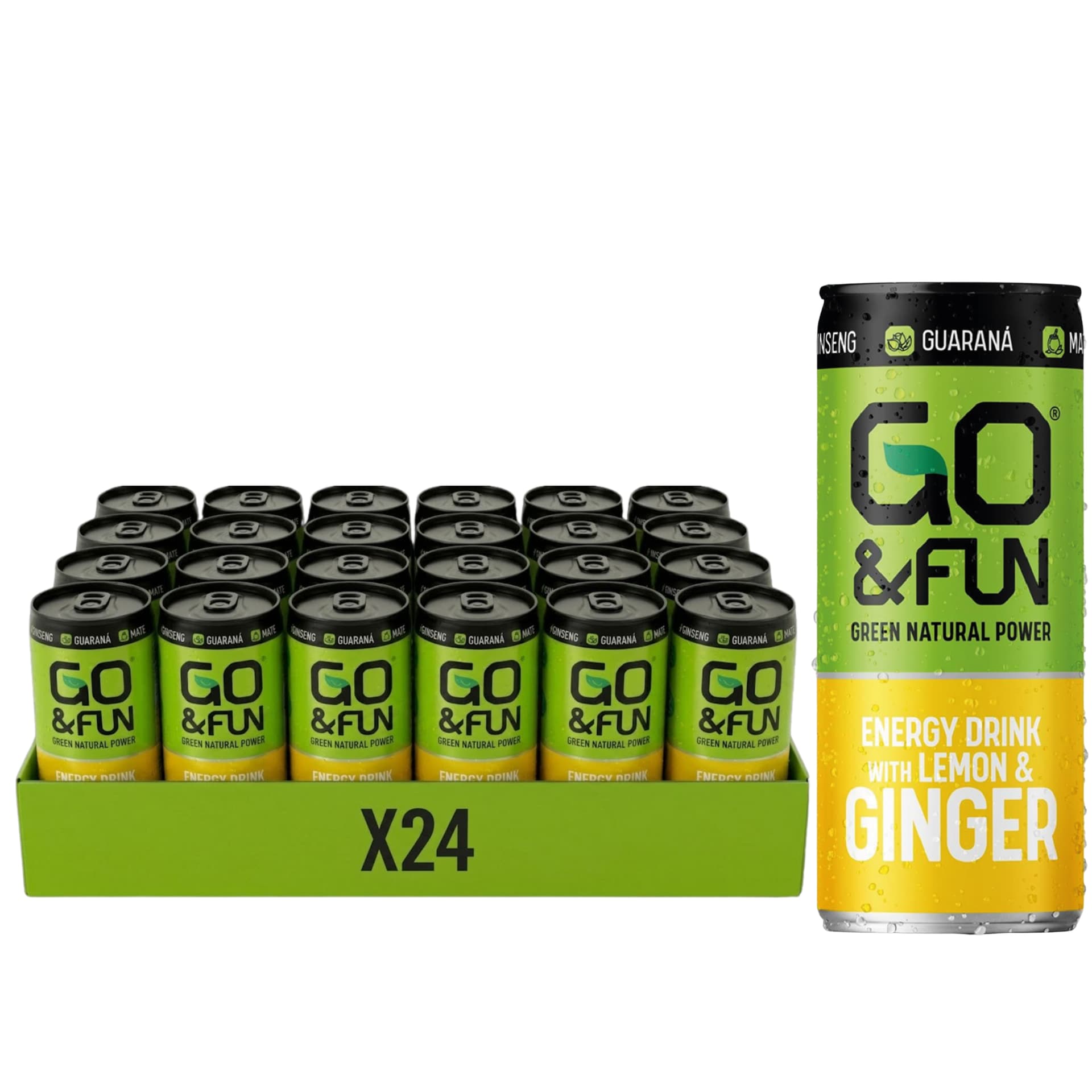 GO&FUN Green Energy Drink Limone e Zenzero 24 Lattine 250 ml – Bevanda Energetica con Guaranà, Ginseng, Tè Verde e Maté