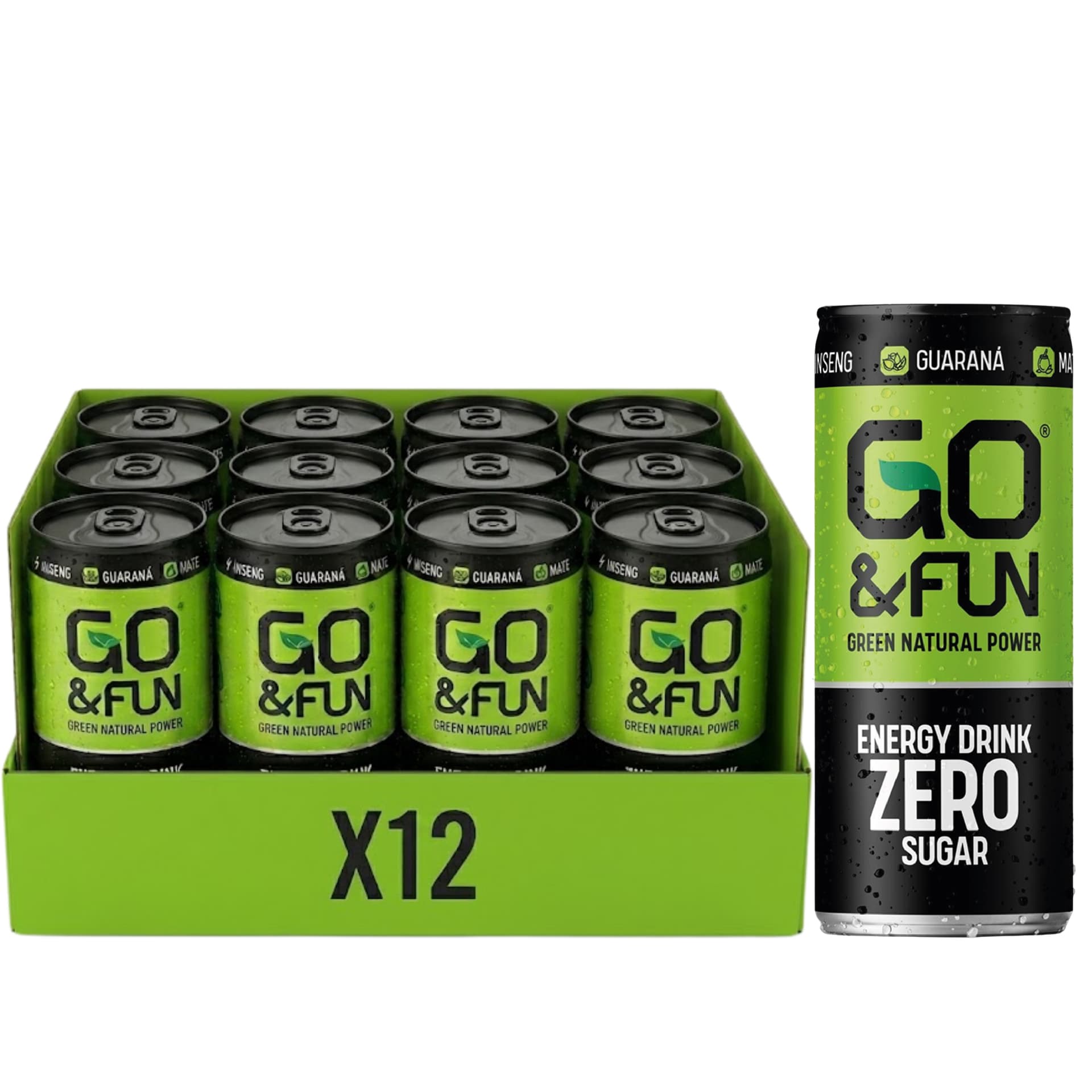 GO&FUN Green Energy Drink Zero Sugar 12 Lattine 250 ml – Bevanda Energetica con Guaranà, Ginseng, Tè Verde e Maté
