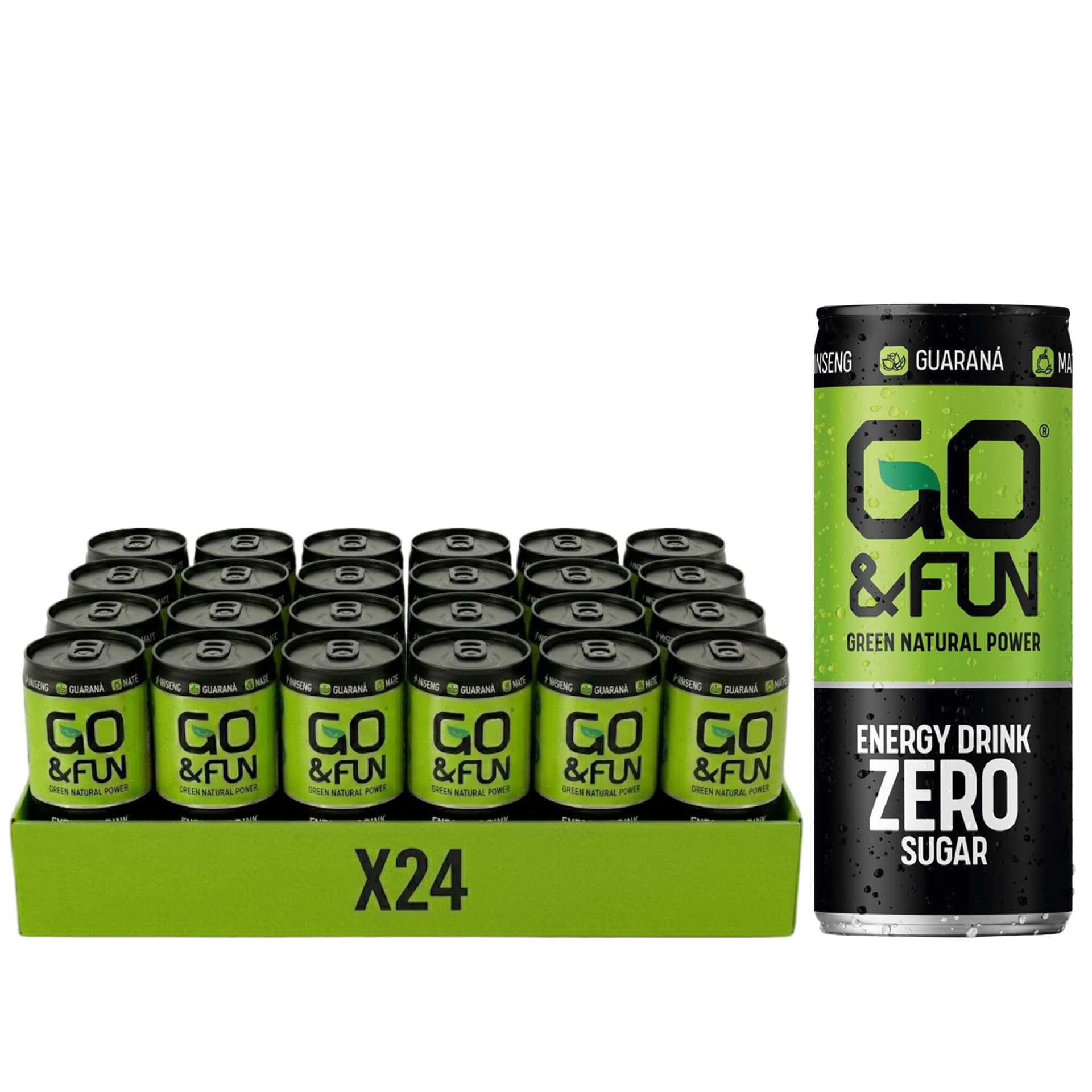 GO&FUN Green Energy Drink Zero Sugar 24 Lattine 250 ml – Bevanda Energetica con Guaranà, Ginseng, Tè Verde e Maté