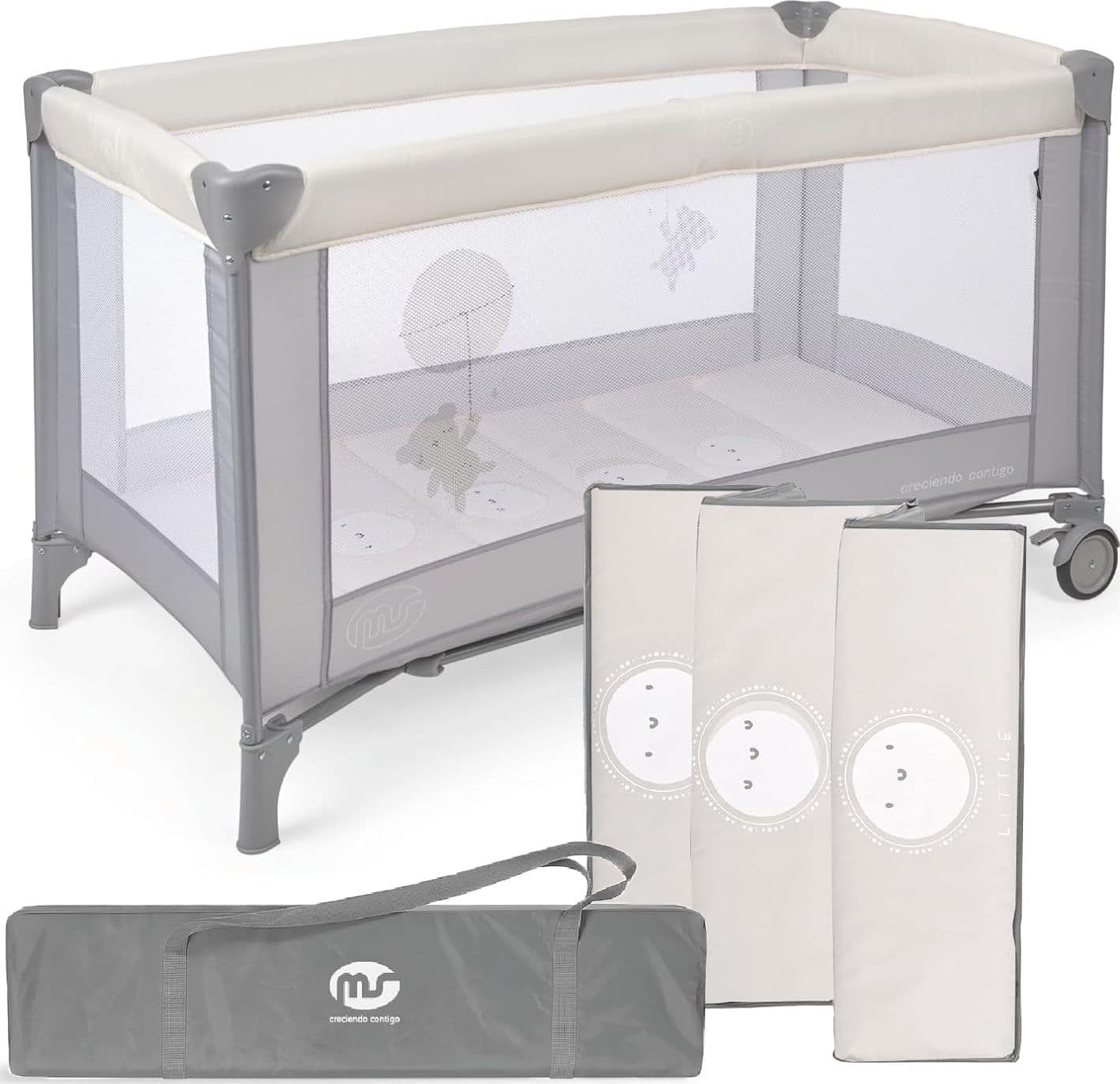 MS Baby World - Lettino da viaggio Básic 120 x 60 cm - per bambini e neonati - incluso materasso-base e borsa per il trasporto, da 0 + mesi fino a 15 kg, facile da piegare e da montare, leggero e stabile - colore GRIGIO CREMA - grigio e crema - beige - modello Basic