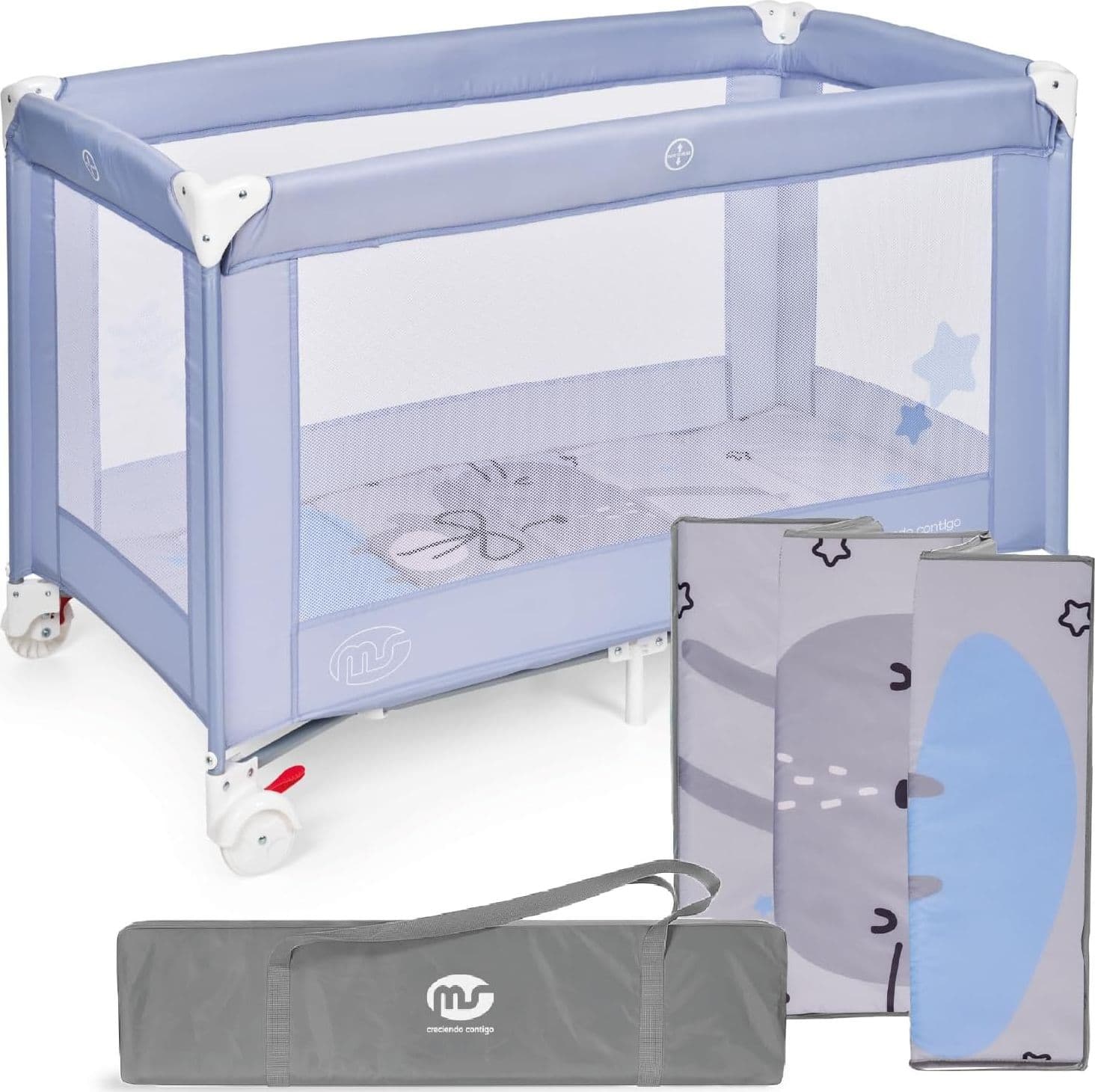 MS Baby World - Lettino da viaggio Básic 120 x 60 cm - per bambini e neonati - incluso materasso-base e borsa per il trasporto, da 0 + mesi fino a 15 kg, facile da piegare e da montare, leggero e stabile - colore AZZURRO - azul conejito - modello Basic