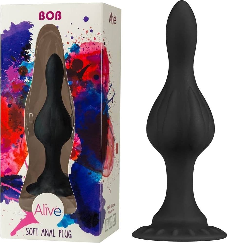 Plug anale BOB super size S nero circa morbido con ventosa e rilievi stimolanti