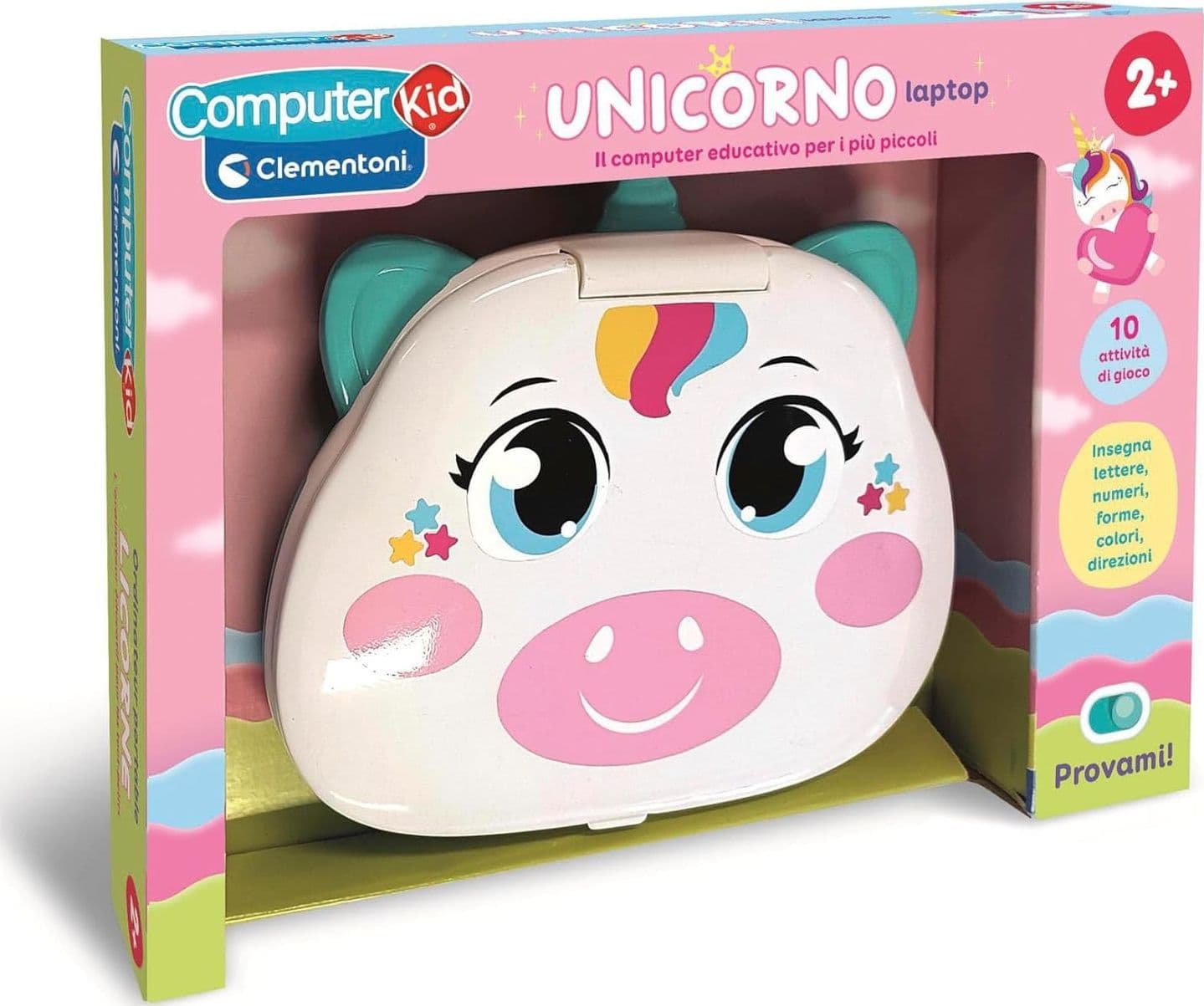 CLEMENTONI - Computer Kid Unicorno Laptop Educativo Bambini 2+ Anni, 10 attività, Gioco Elettronico per Imparare Lettere, Numeri, Forme, Colori e Direzioni, Batterie Incluse, Lingua Italiana, 16489