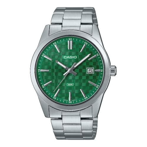 Orologio Casio per uomo, MTP-VD03D-3A1, quadrante verde smerlando con fantasia quadrettata, datario movimento al quarzo